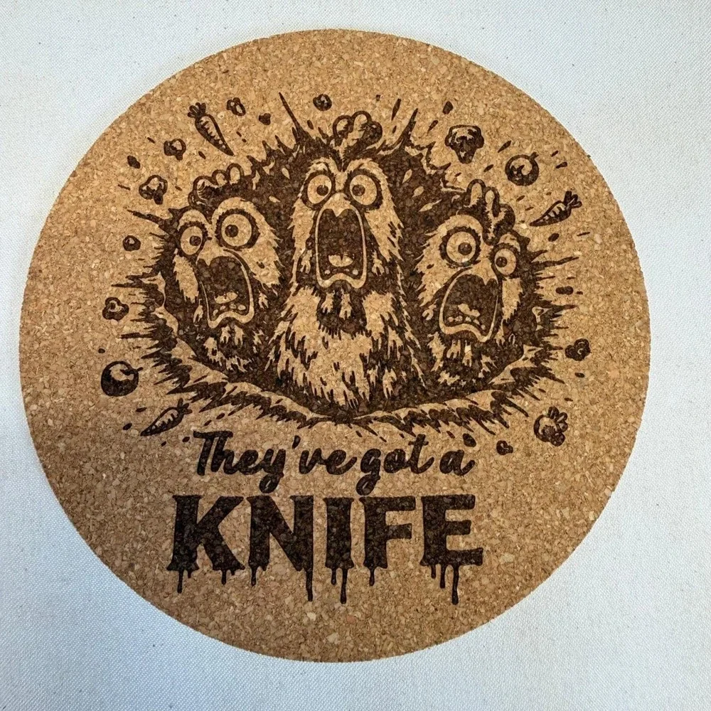 Funny Horror Cork Coaster Set 4 They've Got a Knife Chicken Cow Veggie Pun Bar